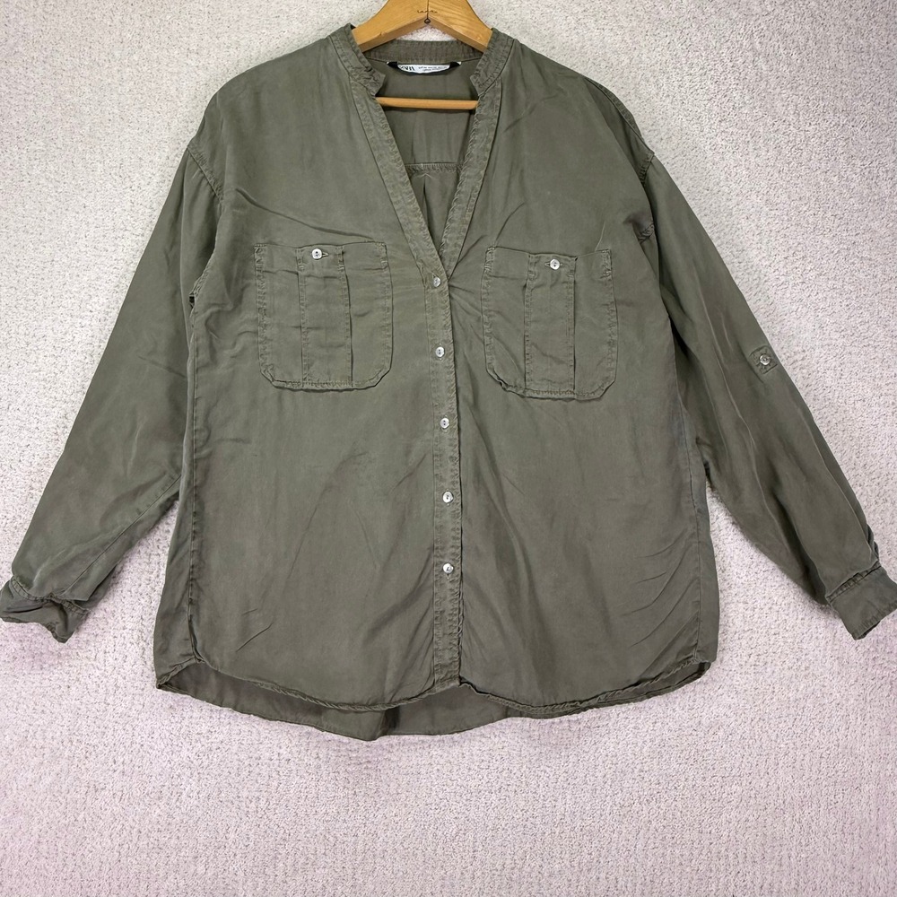 Zara Olive‎ Green Button Down Shirt Roll Tab Sleeves Relaxed Fit Size XS